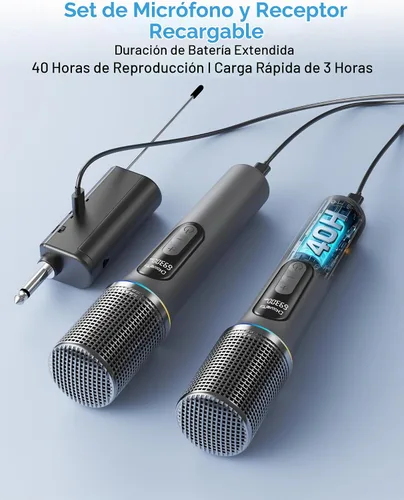 Vista 6 de Micrófono inalámbrico, micrófono dinámico de mano profesional con receptor recargable, ajuste de volumen de 5 niveles, iluminación RGB dinámica