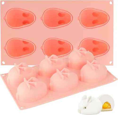 Vista 8 de Moldes 3D de silicona para cubitos de hielo de conejo, 2 moldes de resina de silicona en forma de conejo para mousse, fondant y helado, 6 cavidades