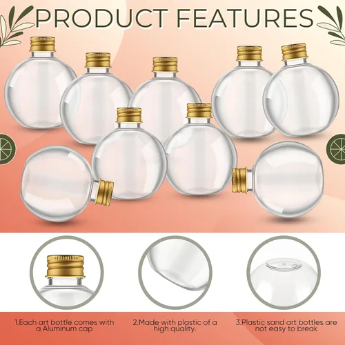 Vista 3 de Jinei - 30 botellas de plástico para poción de 6 onzas, forma de bola, oro, tapa de aluminio Clear Spherical Bottle with Cork, for Sand Art