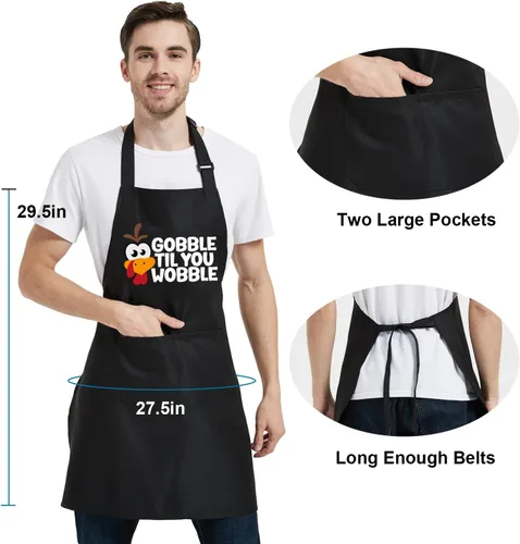 Vista 4 de Delantales de Acción de Gracias para mujeres y hombres con bolsillos, delantal de pavo Gobble Til You Wobble, regalos de parrilla de cocina