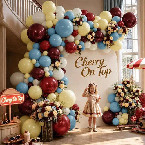 Vista 6 de Arco de globos rojo, azul y amarillo, guirnalda de globos de bayas de Borgoña Azul Amarillo Blanco Arena