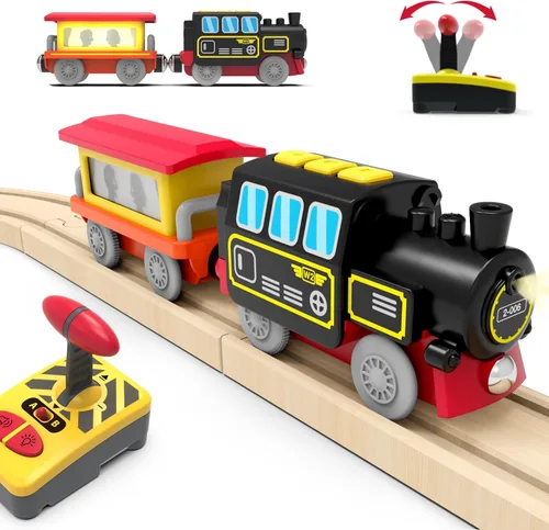 Vista 6 de Tren a pilas para pistas de madera, juguetes de tren motorizado para juego de vías de ferrocarril, juguete de tren eléctrico con tren de control