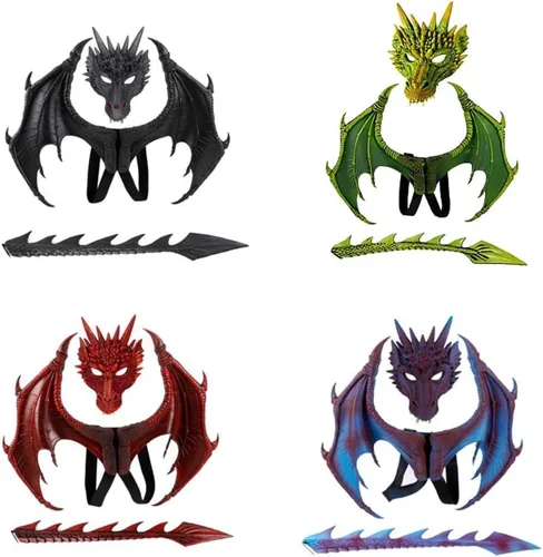Vista 8 de Anntool Disfraz de dragón para niños y niñas, 3 piezas, máscara de dragón, alas y cola, disfraz de dinosaurio de Halloween, accesorios de cosplay