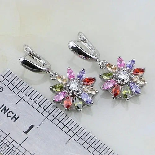 Vista 4 de Juego de joyas de plata de ley 925 con circonita cúbica multicolor para mujer, aretes, dije, collar, anillo, pulsera