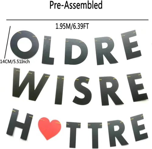 Vista 2 de Older Wiser Hotter - Cartel divertido para fiestas de cumpleaños para adultos, suministros de fiesta de feliz cumpleaños con purpurina negra, 30