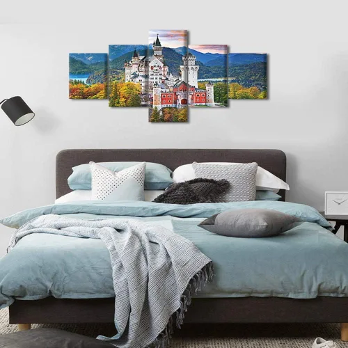 Vista 4 de TUMOVO 5 piezas de arte en lienzo para pared, hermoso castillo de piedra de cisne con paisajes naturales de selva al atardecer, paisajes naturales