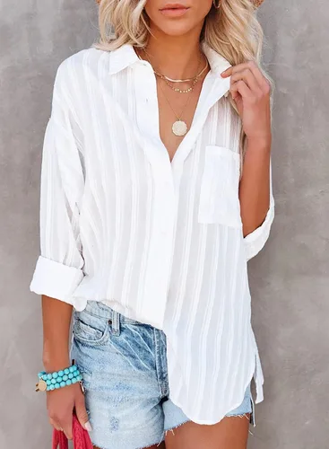 Vista 5 de Astylish - Camisa a rayas para mujer con cuello en V, mangas enrollables y botones