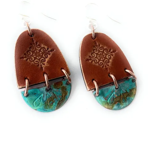 Vista 3 de Boho Leather Stamped Scroll & Turquoise Rust Copper Earrings (Sterling Silver Earwires)