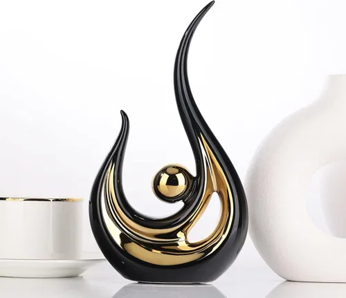 Vista 6 de XMGZQ 2 piezas Estatua de Arte Abstracto Moderno en Negro y Oro para Decoración de Mesa, Elegante Estatua de Cerámica para Acento de Decoración