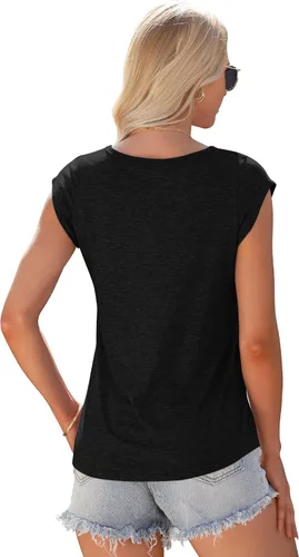 Vista 2 de AUSELILY Camiseta de manga casquillo para mujer, estilo casual, ajuste holgado