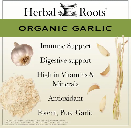 Vista 3 de Herbal Roots Píldoras orgánicas de ajo de bulbo entero - Potente fuerza extra 600 mg - 60 cápsulas veganas orgánicas