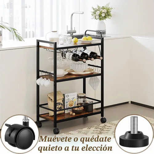Vista 6 de Carrito de Servicio para Bar Doméstico, Carrito de Servicio con Ruedas y Mango, Carrito de Cocina Rodante de 3 Niveles, Carrito para Microondas