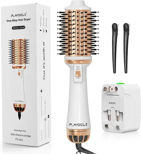 Vista 8 de PLAVOGUE Mini cepillo secador de pelo de doble voltaje, cepillo de aire caliente de viaje de 700 vatios con enchufe europeo, secador iónico de un