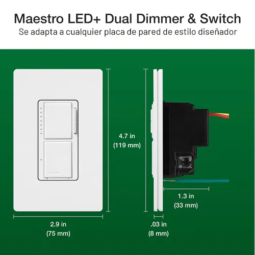 Vista 7 de Lutron Maestro LED+ - Regulador e interruptor dual Bombillas LED de 75 vatios/ventiladores de 2.5 A, un solo polo MACL-L3S25-WH Blanco