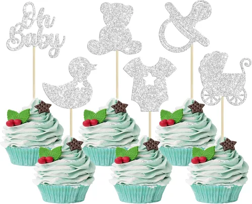 Vista 21 de Gyufise Paquete de 36 adornos para cupcakes Oh Baby ensamblados con texto en inglés "It's a Boy" con corbata, mameluco de amor, corazón, purpurina
