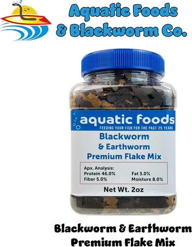 Vista 2 de Mezcla de escamas de gusano negro al 45% y escamas de lombriz de tierra para disco, cíclidos, peces tropicales. Aquatic Foods Premium Flakes