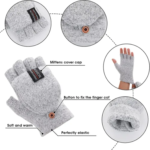 Vista 12 de THINP Guantes sin dedos para mujeres y hombres, guantes de invierno, guantes de lana cálida de punto sin dedos con tapa, guantes convertibles