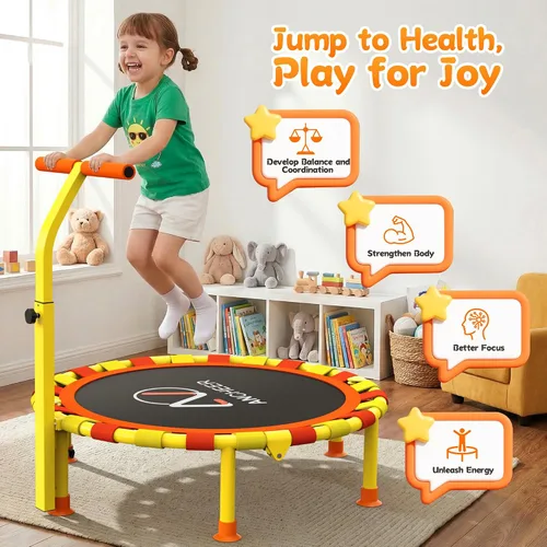 Vista 4 de ANCHEER Trampolín infantil de 38 pulgadas, mini trampolín de capacidad de 150 libras para niños de 1 a 6 años, mango ajustable, plegable y fácil