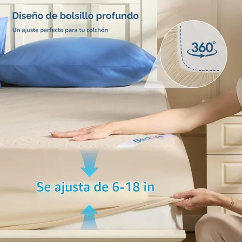 Vista 6 de BEDLORE Protector de colchón de tamaño Queen, funda de colchón impermeable sin ruido con bolsillos elásticos para colchones de 6 a 15 pulgadas, Beige