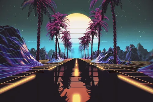 Vista 5 de 5x3ft Retro Futuristic 80s Backdrop Retrowave Neon Lights Road Tropical Trees Mountain Sun Starry Sky Background Cyberpunk Video Game Punk Birthday