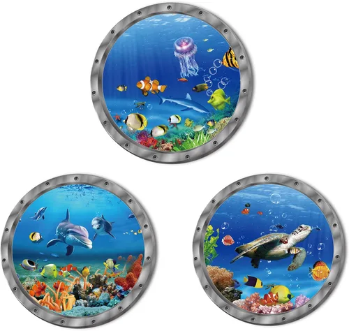 Vista 9 de Decoración del mundo bajo el mar de animales oceánicos, incluye tiburones delfines, 3 unidades, removibles, 3D, adhesivos de vinilo para despegar
