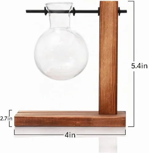 Vista 3 de Kingbuy Florero de Bulbo de Vidrio Macetero Terrario de Plantas de Escritorio con Soporte Retro de Madera Sólida para Propagación Hidropónica