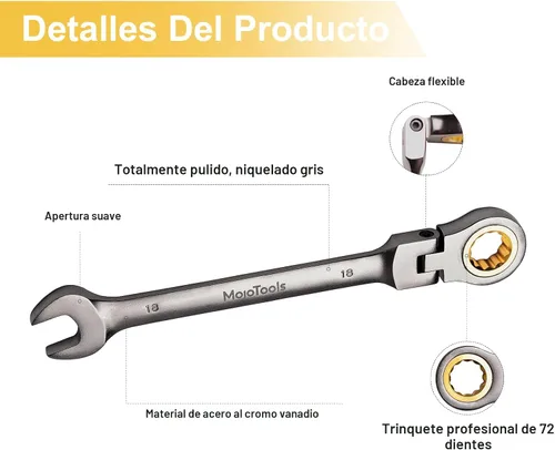 Vista 6 de Juego de llaves de trinquete, juego de 16 piezas de llave de combinación de cabeza flexible, juego de llaves métricas 6–24 mm, 72 dientes Cr-V