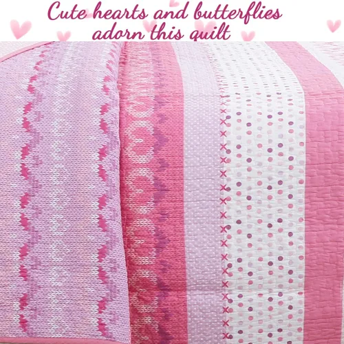 Vista 6 de [Usado] Juego de ropa de cama de algodón de 6 piezas con estampado de corazones, mariposas y lunares, a rayas, rosa, morado, blanco, de algodón