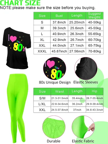 Vista 2 de Vabean Juego de 19 piezas de disfraz de los años 80, camiseta, leggings, falda tutú, diadema, collar, pulseras, aretes, guantes, calentadores