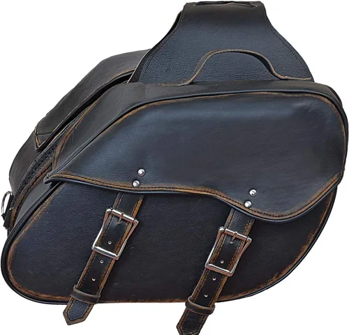 Vista 18 de Maleta impermeable de cuero genuino para motocicleta con funda para pistola en el interior marrón y negro tachuela/sin tachuelas