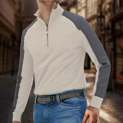 Vista 2 de Quarter Zip Pullover for Men, Color Block Long Sleeve Mock Neck, Athletic Sweatshirt for Fall and Winter