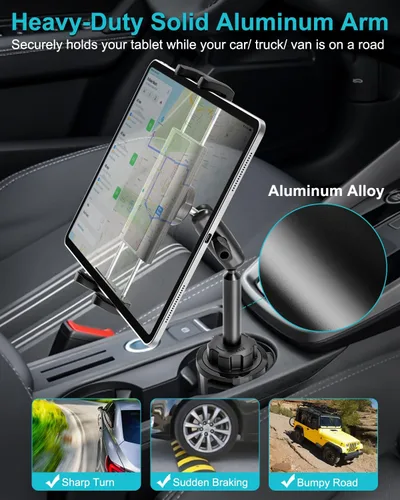 Vista 7 de Soporte para tablet para camión, soporte de aluminio resistente de 360° Fits Vehicle Cupholders 2.6"–3.94" in Diameter, Cup Holder Stand for iPad