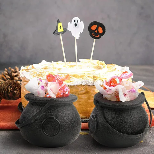 Vista 3 de LOMIMOS 12 mini caldero negro para el día de Halloween, soporte de plástico multiusos para dulces con asa para decoración de fiestas
