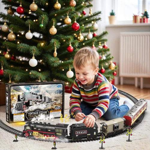 Vista 6 de Funwee Juguete de tren eléctrico con humo, luces y sonido, juego de tren para debajo del árbol de Navidad, modelo de tren de locomotora con pista
