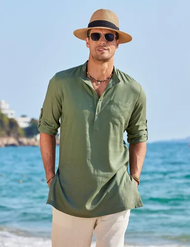 Vista 3 de COOFANDY Camisas Henley de lino para hombre, manga larga, ajuste regular, camisetas de playa Kurta con bolsillo