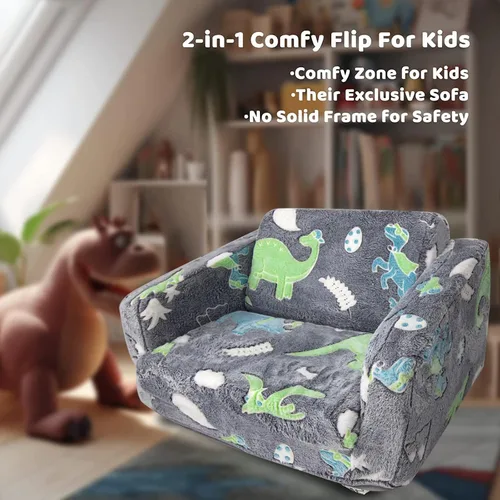 Vista 8 de Asou Sofá infantil que brilla en la oscuridad, sofá plegable para jugar, mini sofá de dinosaurio para niños pequeños