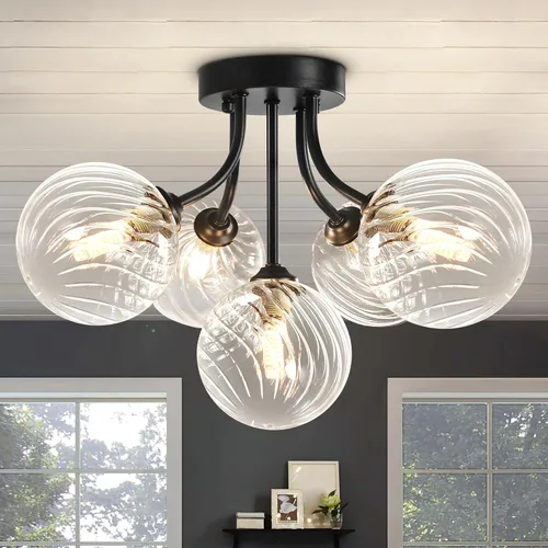 Vista 10 de Lámpara de techo Sputnik negra montaje semiempotrado lámpara de techo de 5 luces con globo blanco lechoso moderna lámpara de araña Sputnik