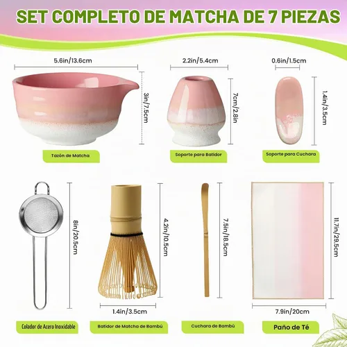 Vista 5 de Juego de batidor de matcha, kit de matcha con cuenco de cerámica de 18 onzas, batidor de bambú de 100 puntas, tamiz de acero inoxidable