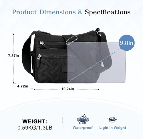 Vista 4 de Bolso cruzado para mujer, multibolsillo, de nailon, impermeable, ligero, casual, bolso de hombro