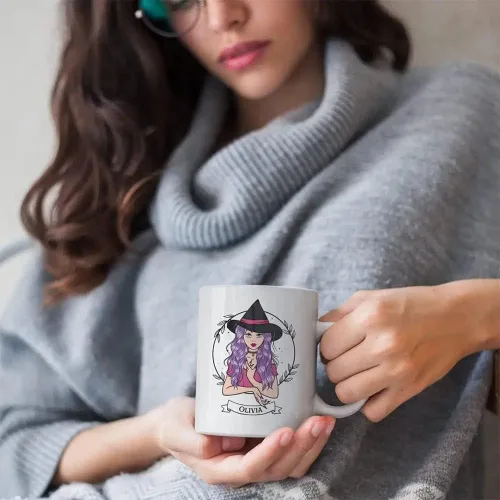Vista 4 de Gossby Taza de café de bruja personalizada, regalo personalizado de Halloween para mujeres, hermana, mejor amiga, mamá, abuela con diseño, nombre