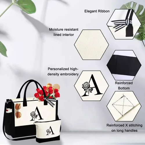 Vista 5 de YOOLIFE Bolsa de lona personalizada con inicial con bolsa de maquillaje, bolsa de playa con cremallera correa ajustable, regalos de cumpleaños
