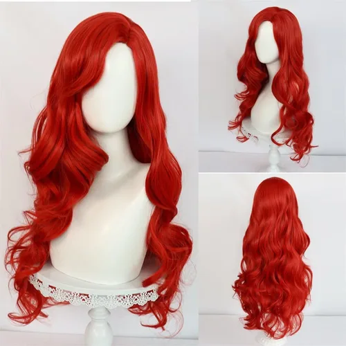 Vista 3 de Peluca de sirena larga y rizada roja de 26 pulgadas para mujeres y niñas, peluca ondulada para cosplay, uso diario, pelucas sintéticas para fiestas