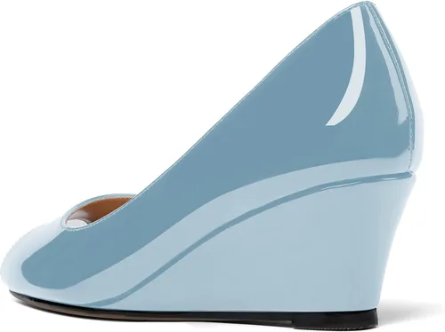 Vista 7 de WAYDERNS Zapatos de tacón bajo con cuña de charol y puntera abierta para mujer de 2 pulgadas