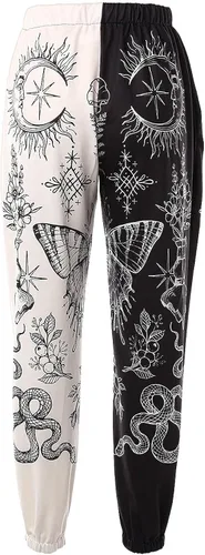 Vista 4 de Amuver - Pantalones de harén estilo hippie bohemio de los años 90 para mujer cintura fruncida estampado de retazos pantalones deportivos para yoga