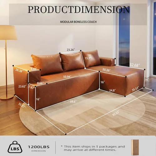 Vista 2 de 96" sofás seccionales modulares del cuero de imitación, sofá deshuesado en Marrón