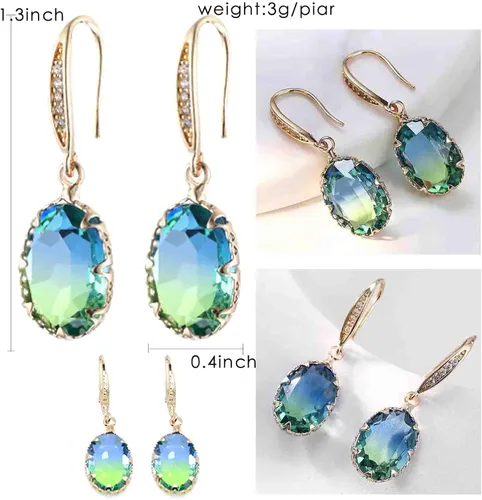 Vista 3 de Aretes colgantes de piedra preciosa de turmalina azul simple, aretes colgantes clásicos de oro brillante con circonita de cristal ovalado, joyería
