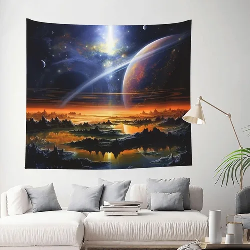 Vista 7 de VTCTOASY Tapiz de pintura de paisaje de universo, tapices para colgar en la pared para dormitorio, decoración del hogar, tapices estéticos