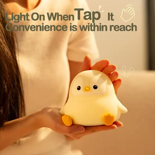 Vista 5 de ATSUI Luz Nocturna de Pingüino, Lámpara Nocturna de Animal Novelosa y Esponjosa LED, Silicona de Grado Alimentario, Atenuable en 2 Niveles, Luz