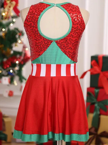 Vista 6 de Disfraz de elfo de Navidad para niñas, vestido de baile de lentejuelas brillantes, vestido de fiesta de Navidad, vestido de Santa Claus