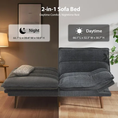 Vista 6 de Pipishell Sofá cama futón, futón convertible con respaldo ajustable y reposabrazos, sofá cama de pana para espacios pequeños, sala de estar, Gris
